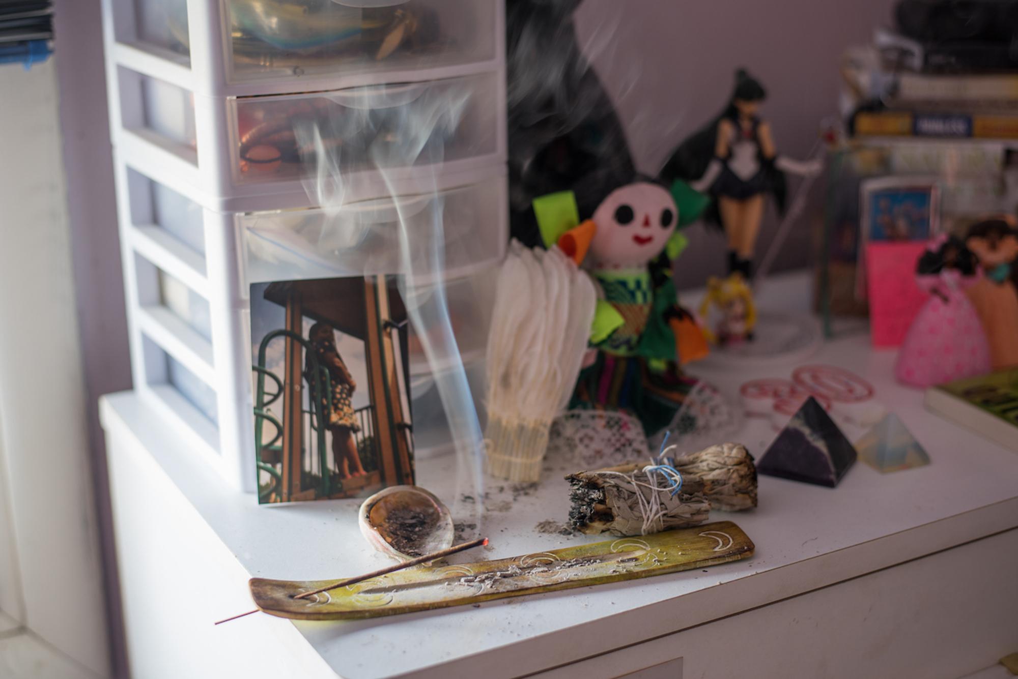 A very important component in my spiritual and purifying practices are lighting incense and burning sage/smudging in order to cleanse my body, environment and spirit. This is done in the privacy of my bedroom in Southfield, Mich.Taken by Rachel Elise Thomas for WDET