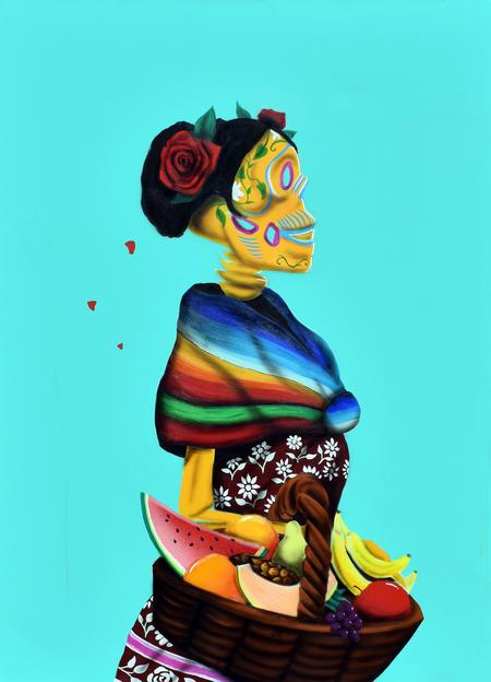 In his latest body of work, Freddy Diaz celebrates "independent, hard-working women" in Mexican culture like in this painting entitled "Frutas de Labor (fruits of labor)."Freddy Diaz / M Contemporary Art