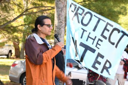 Nathan Wright speaks to the crowd. He was one of the organizers of the two day event in Mackinaw City. He is a member of the Sault Ste. Marie Tribe of Chippewa Indians.Lester Graham/Michigan Radio