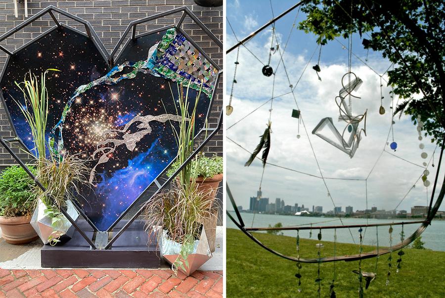 Right: Waawiiyaataanong// Codename Midnight // Detroit, Found and recycled objects, vinyl, aluminum sculpture, flora. Left: Detroit Day Dream, found object + family treasures + copper wire.Halima Cassells
