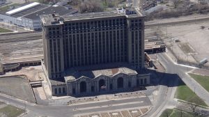 An aerial view of Michigan Central Station.