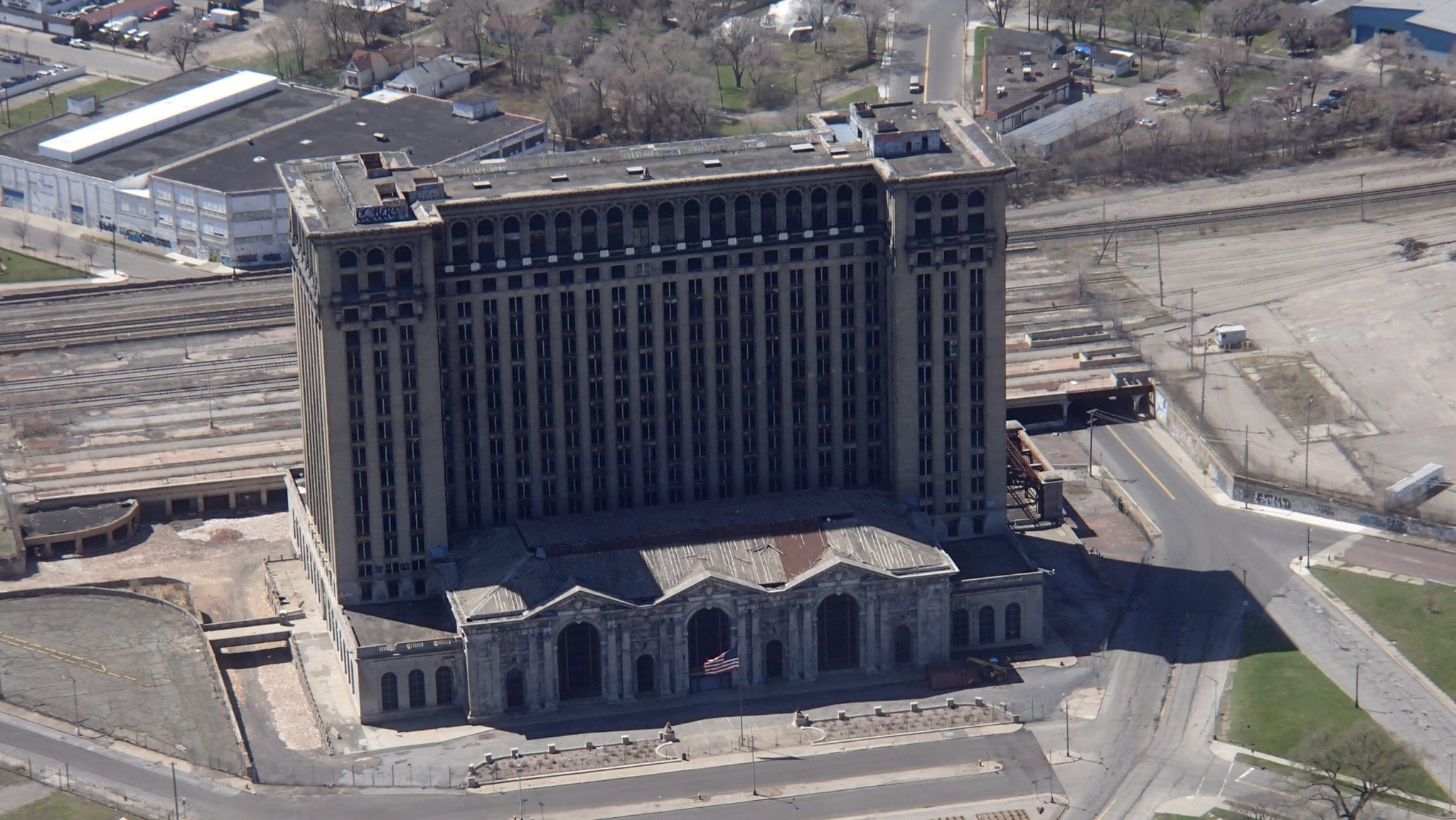 An aerial view of Michigan Central Station.