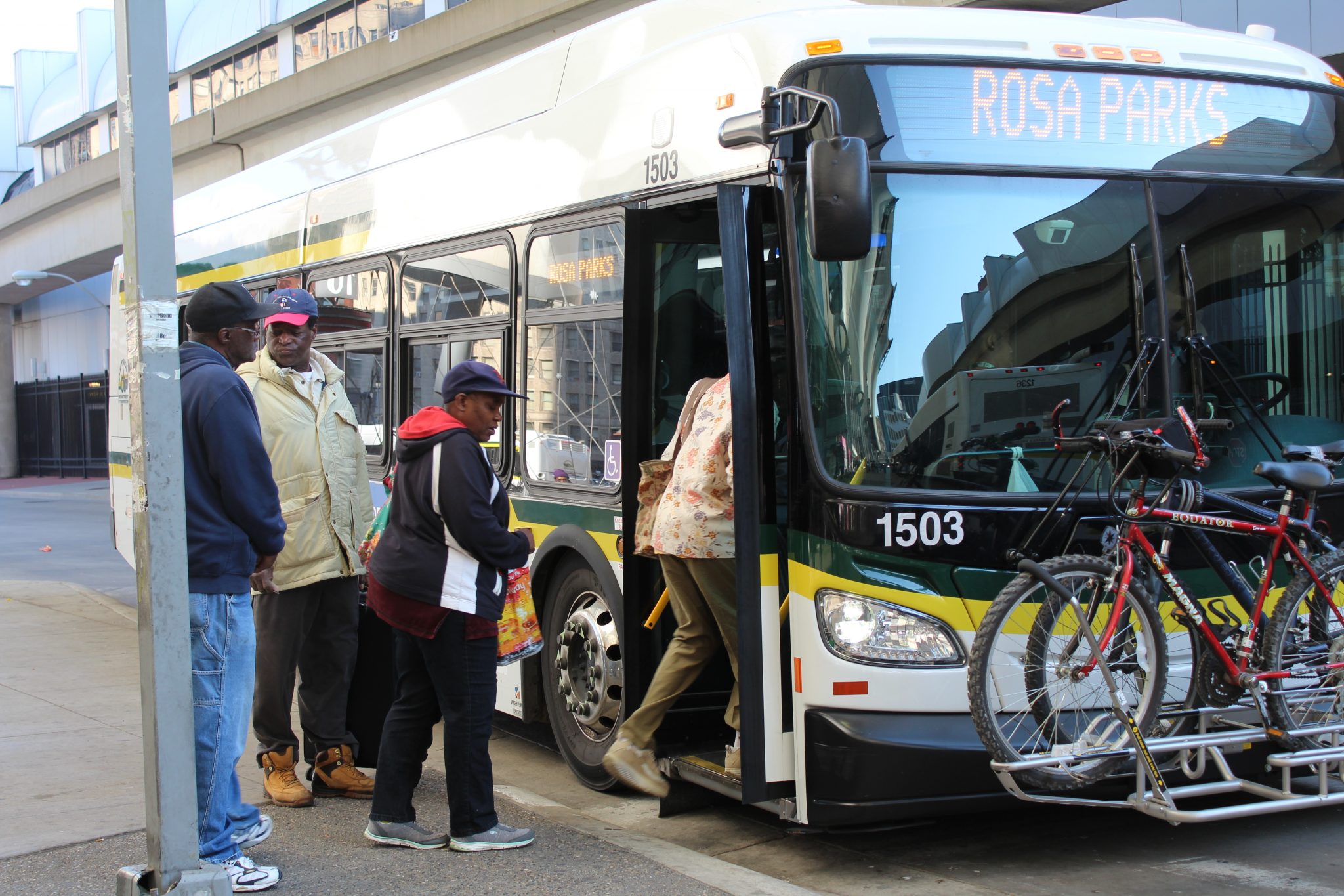 Riders boarding a DDOT bus in Detroit, Michigan.