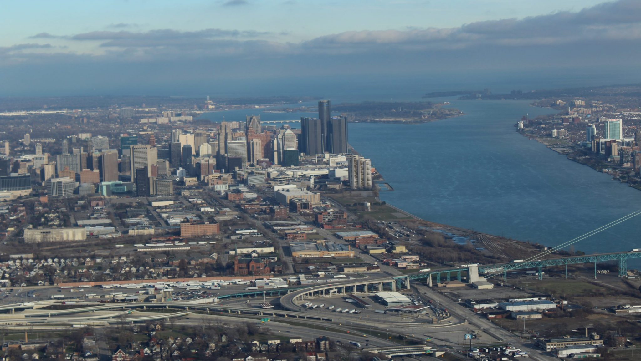 An aerial view of the Detroit River.