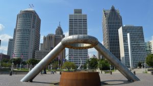 City of Detroit skyline and Hart Plaza.