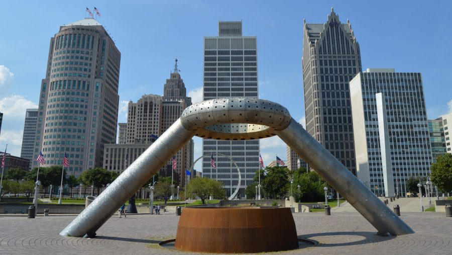 City of Detroit skyline and Hart Plaza.