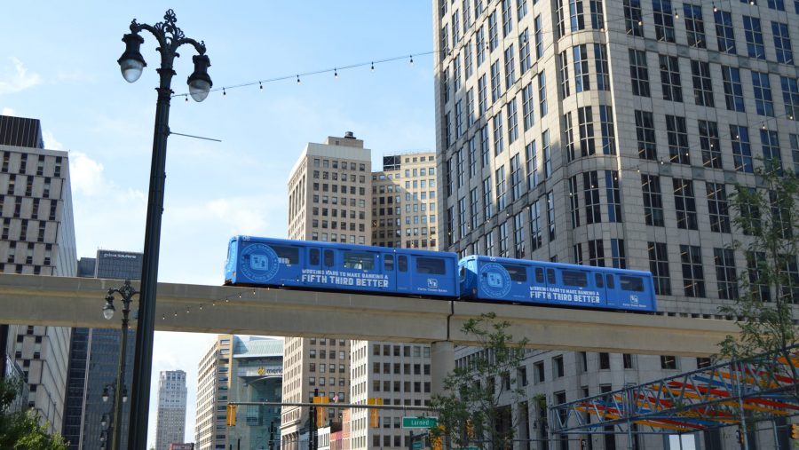 The Detroit People Mover operating during the 2024 NFL Draft.