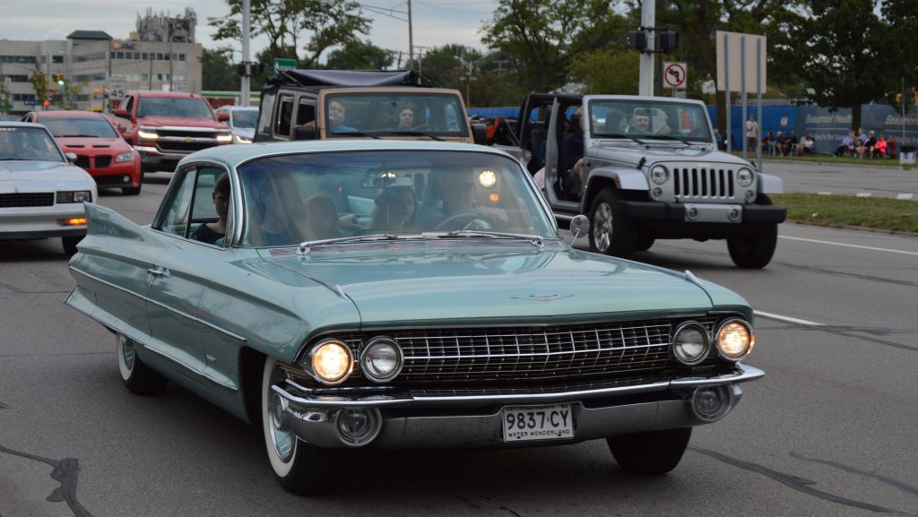 Classic cars cruise down Woodward Avenue during the Woodward Dream Cruise, August 2017.