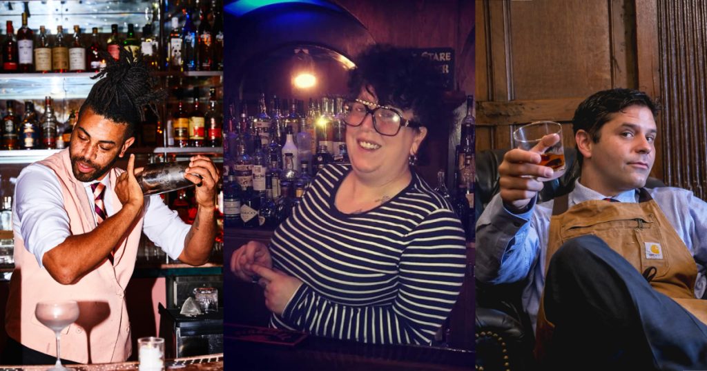 three bartenders stand in front of bottles of liquor