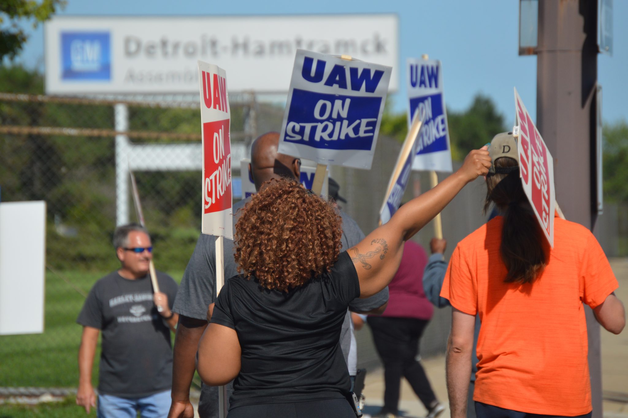 United Auto Workers members picket outside of GM's Detroit-Hamtramck Assembly Center in September 2019.