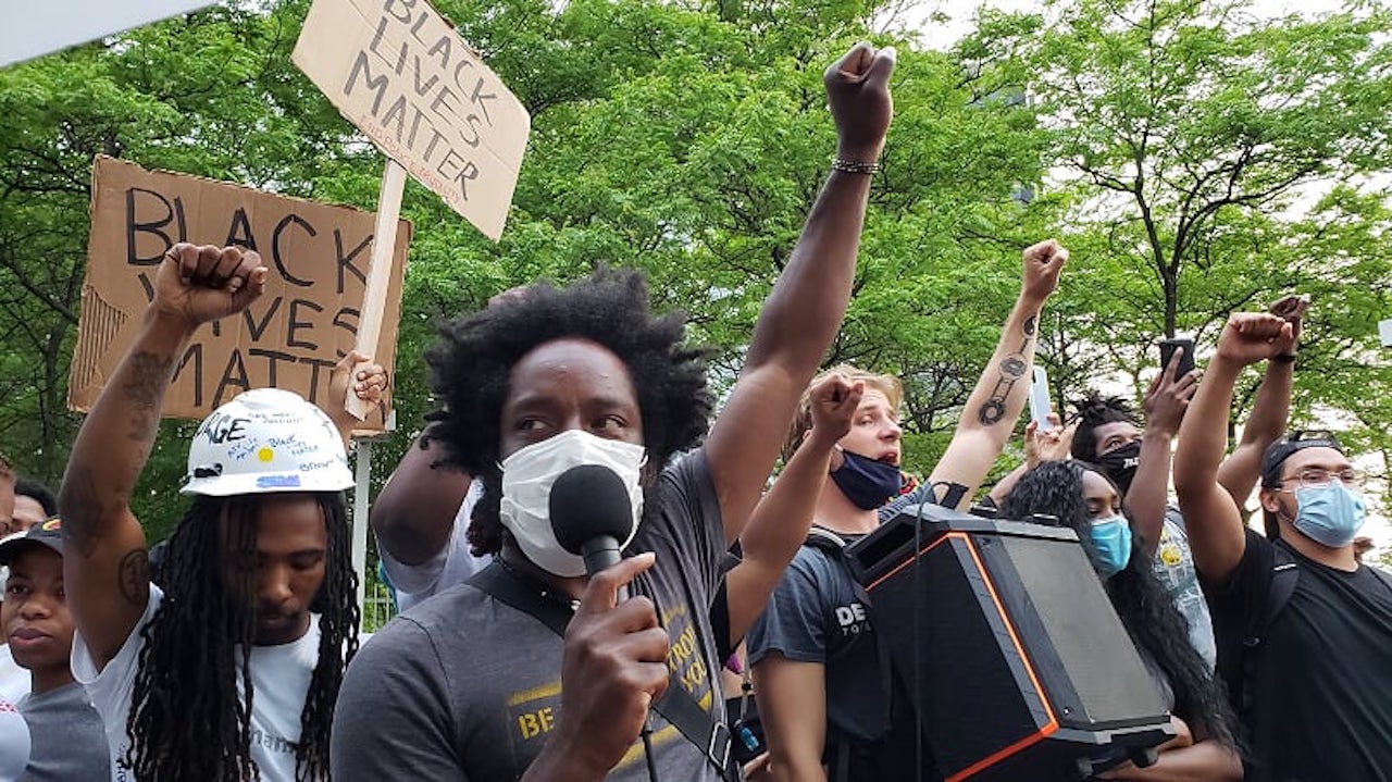 Detroit activist Tristan Taylor leads a Black Lives Matter protest in Detroit.