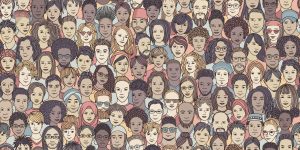 illustration of many different people, all with different skin tones, hair styles and accessories