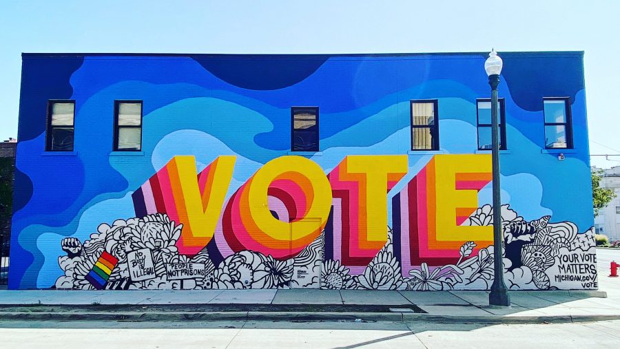 A mural in Detroit urging people to "vote" by local muralist Ndubisi Okoye.