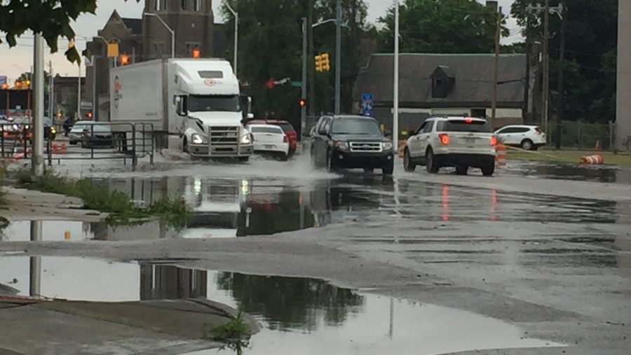 FILE - Flooded roads in Detroit.