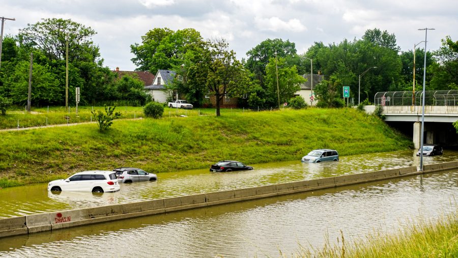 A Detroit freeway is shown after a severe flooding event in June 2021.