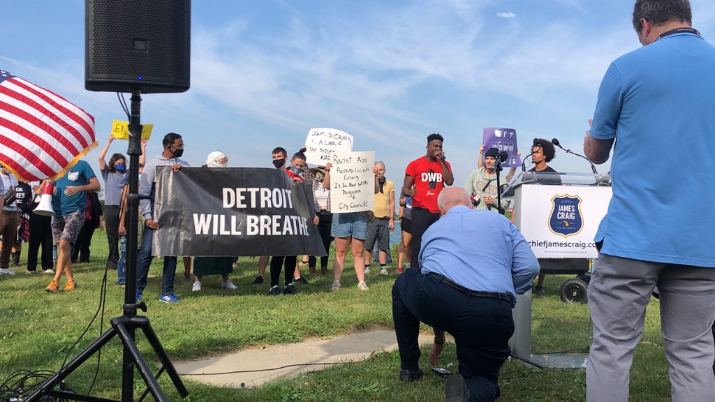 Protesters at James Craig gov announcement on Belle Isle 3