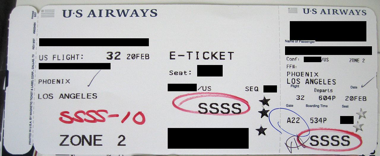 Boarding pass with SSSS written on it
