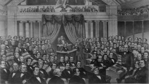 A print of Senator Daniel Webster speaking in the Old Senate Chamber