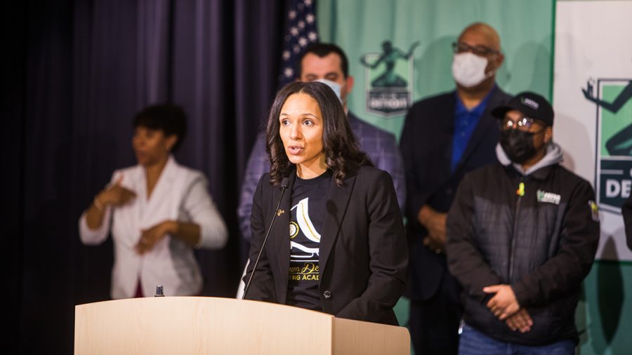 Detroit City Council President Mary Sheffield stands at the podium.