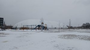 A reinflated Velodrome is seen surrounded by snow