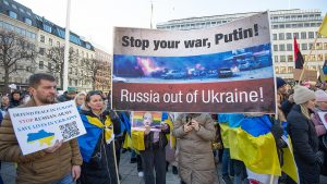 Demonstration against Russian invasion of Ukraine in Stokholm, February 2022.
