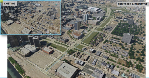 A rendering of the boulevard replacing Interstate 375 in Detroit.