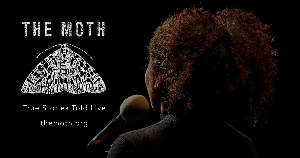 the moth logo and text that reads "true stories told live" overlaying a person standing in front of a microphone