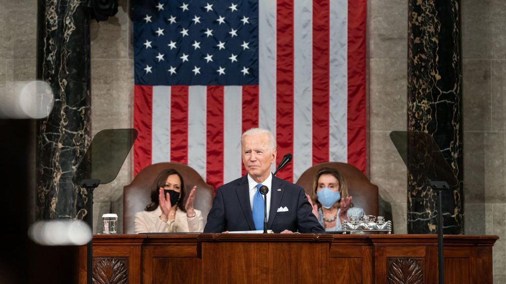President Joe Biden, joined by Vice President Kamala Harris and House Speaker Nancy Pelosi, D-Calif., delivers remarks during a Joint Session of Congress Wednesday, April 28, 2021, at the U.S. Capitol in Washington, D.C.