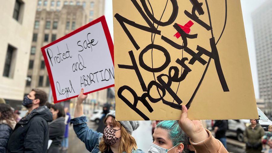 Demonstrators protesting in downtown Detroit in response to a leaked draft opinion that would overturn Roe v. Wade.