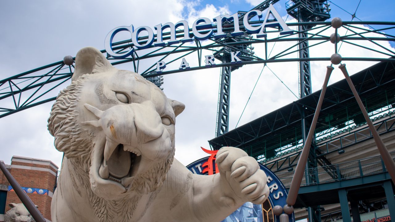 Photo of the Detroit Tigers statue at Comerica Park.