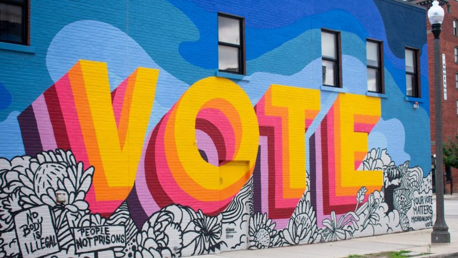 A wall with a vote mural.
