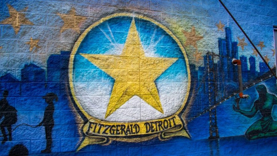 Blue and yellow mural that reads "Fitzgerald, Detroit"