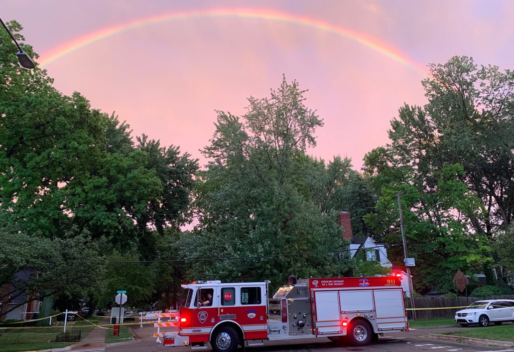 Rainbow forms in the sky after a storm in Metro Detroit.