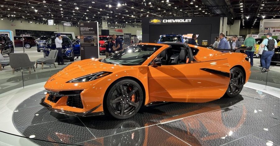 A new Corvette on display at the 2022 Detroit auto show.