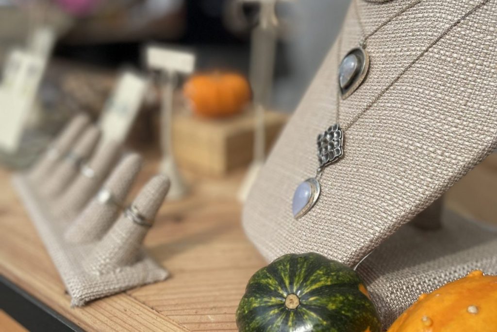 silver rings and necklaces on display with gourds at A2 Artoberfest