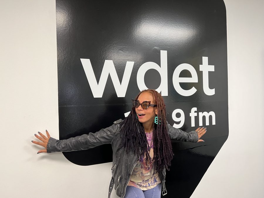 jessica Care moore poses in the WDET studios in October 2022.