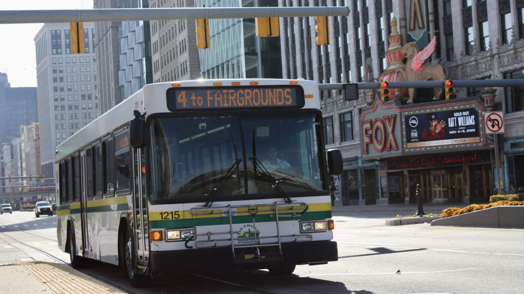 DDOT bus travels northbound along Woodward Avenue on Friday, Nov. 4, 2022, in downtown Detroit.