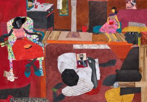 vibrantly colored collage depicting a family in their home