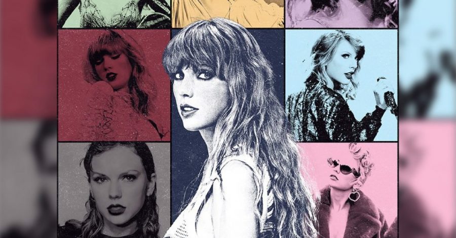 Taylor Swift stands in front of a mosaic of past pictures of herself, color-coded to represent previous album releases