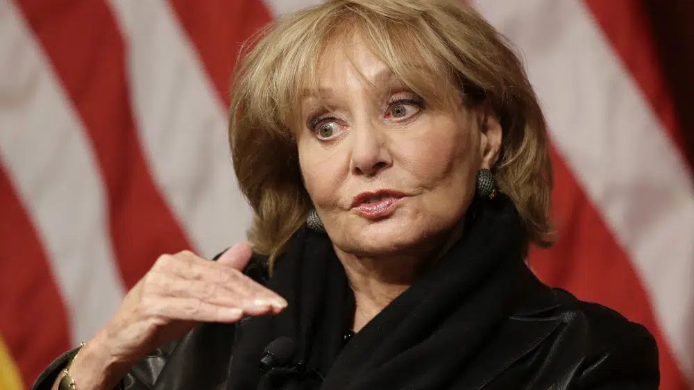 n this Oct. 7, 2014 file photo, Barbara Walters addresses an audience at the John F. Kennedy School of Government on the campus of Harvard University in Cambridge, Mass.