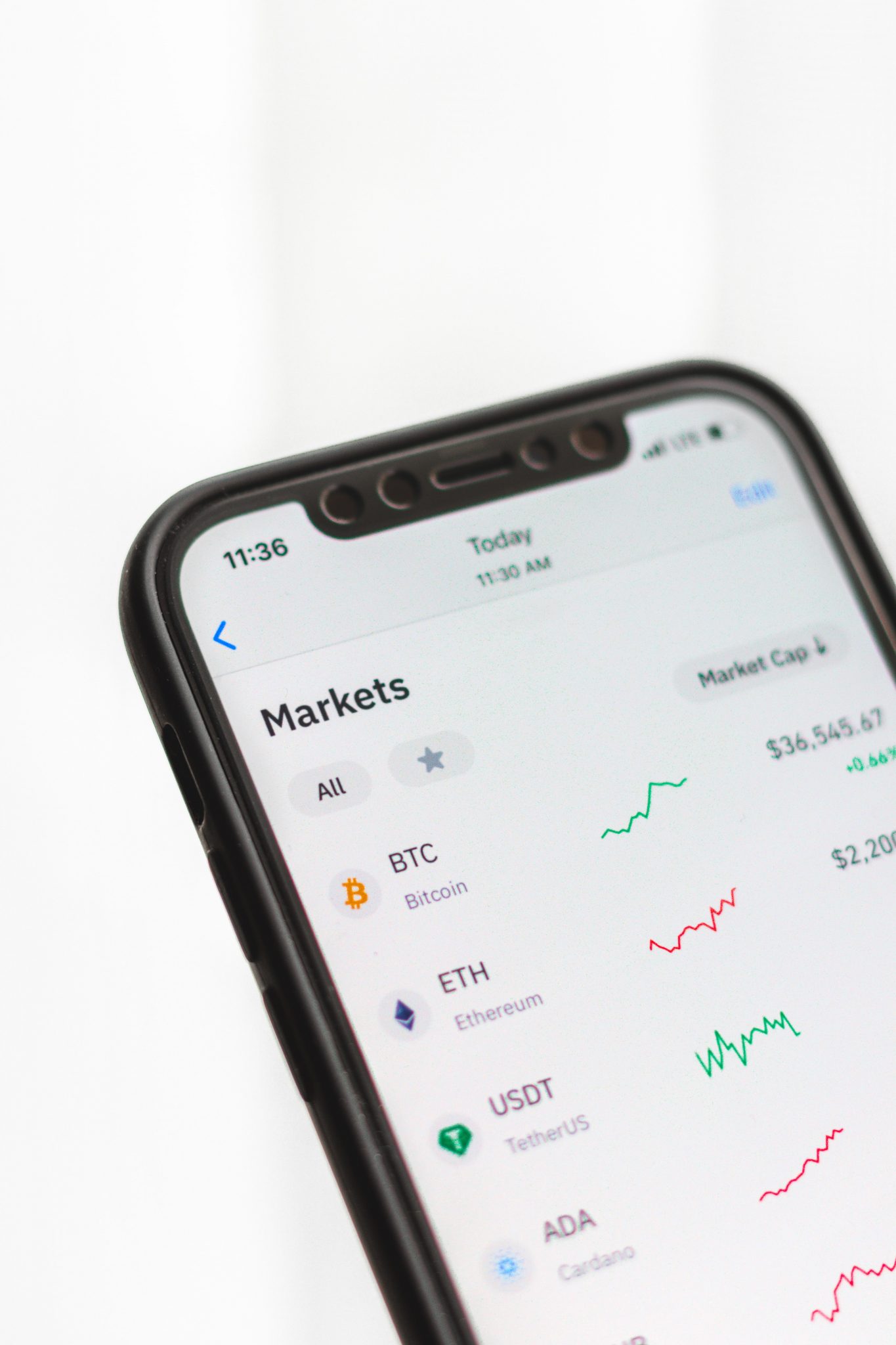a smartphone shows the markets of different cryptocurrencies