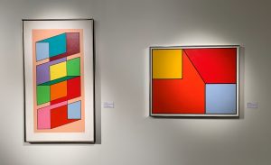 "Color Cubes," a geometric illustration of twelve vibrantly colored cubes overlapping one another, framed on a white wall alongside another red, yellow and pale blue illustration.