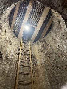 looking up at a ladder against a circular brick tunnel, leading up to a metal grate partially covering the tunnel's opening