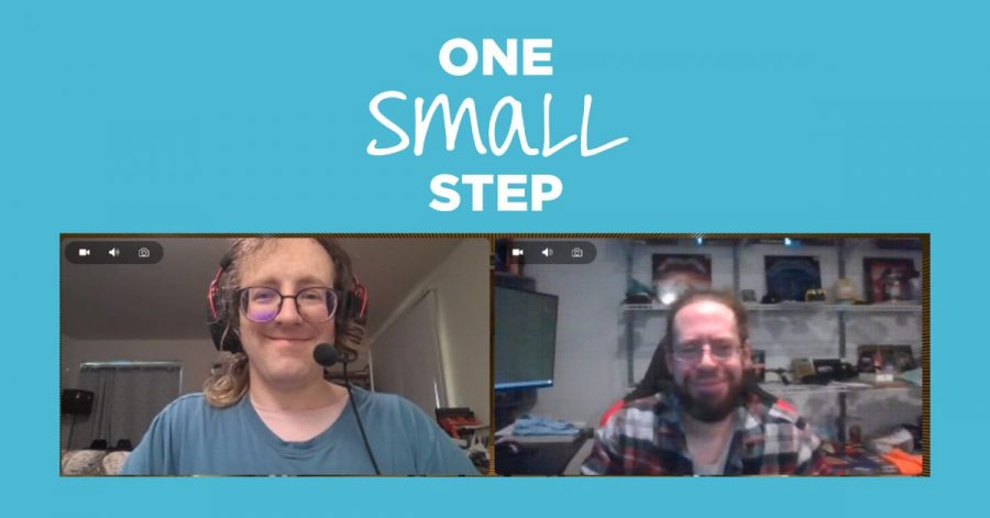 teal graphic with white text reading "One Small Step" with a screenshot of a video call between Alex and Len