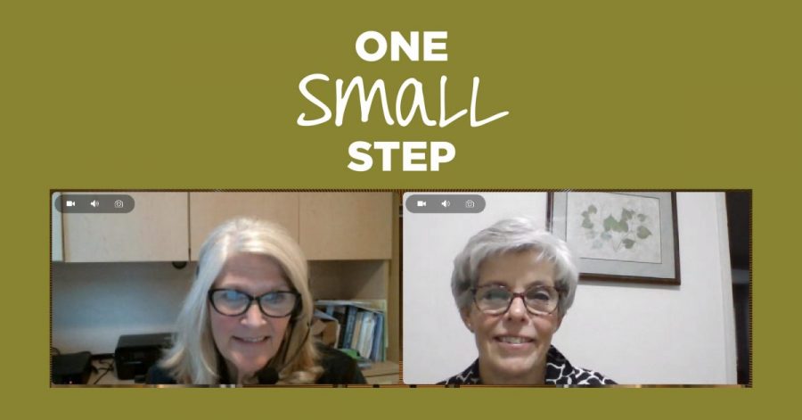 green graphic with white text reading "One Small Step" with a screenshot of a video call between Ann and Gretchen