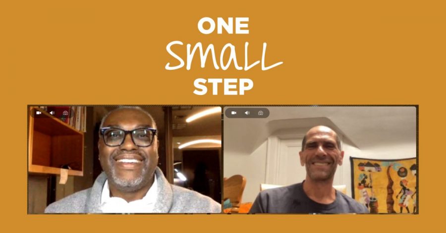 gold graphic with white text reading "One Small Step" with a screenshot of a video call between Joe and Landon