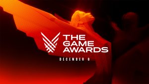 red, orange and black graphic of a figure with outstretched wings. White overlayed text reads "The Game Awards December 8"