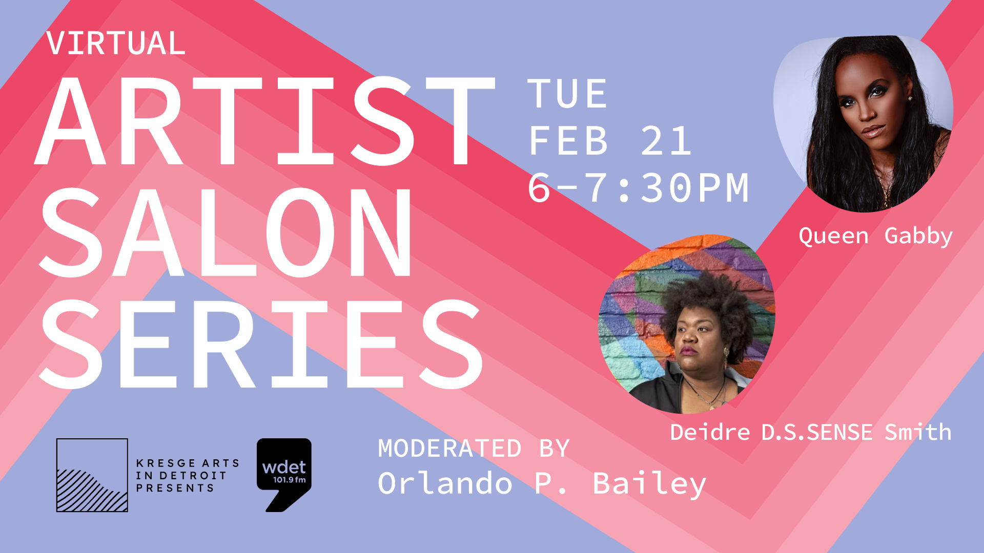 purple and pink graphic promoting Kresge's Virtual Artist Salon Series with Queen Gabby and Deidre D.S.SENSE Smith