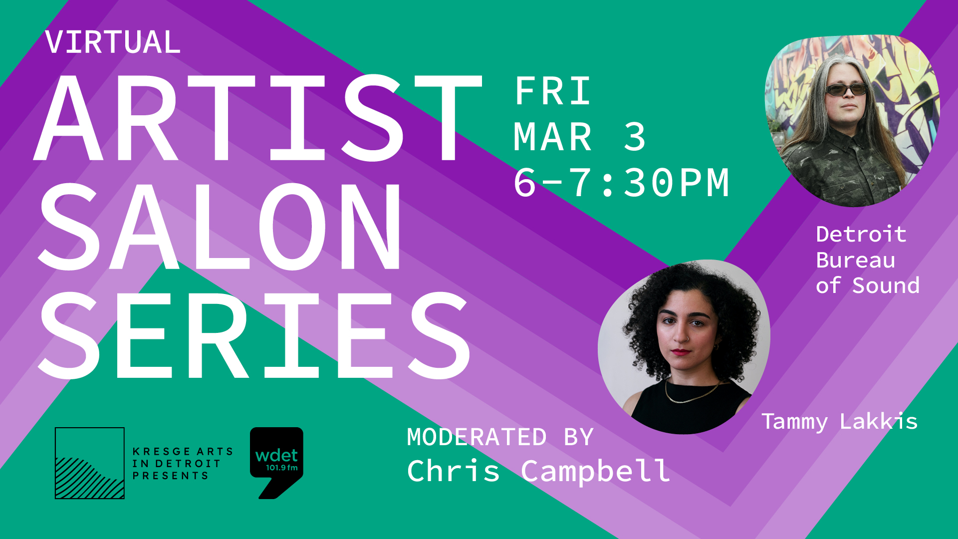 green and purple graphic promoting Kresge's Virtual Artist Salon Series with Detroit Bureau of Sound and Tammy Lakkis