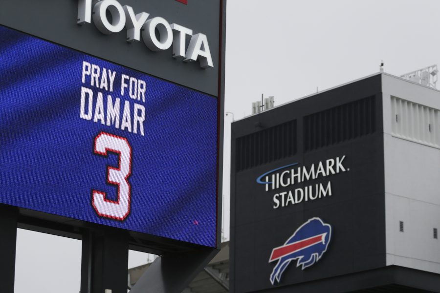 A sign shows support for Buffalo Bills safety Damar Hamlin outside Highmark Stadium on Tuesday, Jan. 3, 2023, in Orchard Park, N.Y.